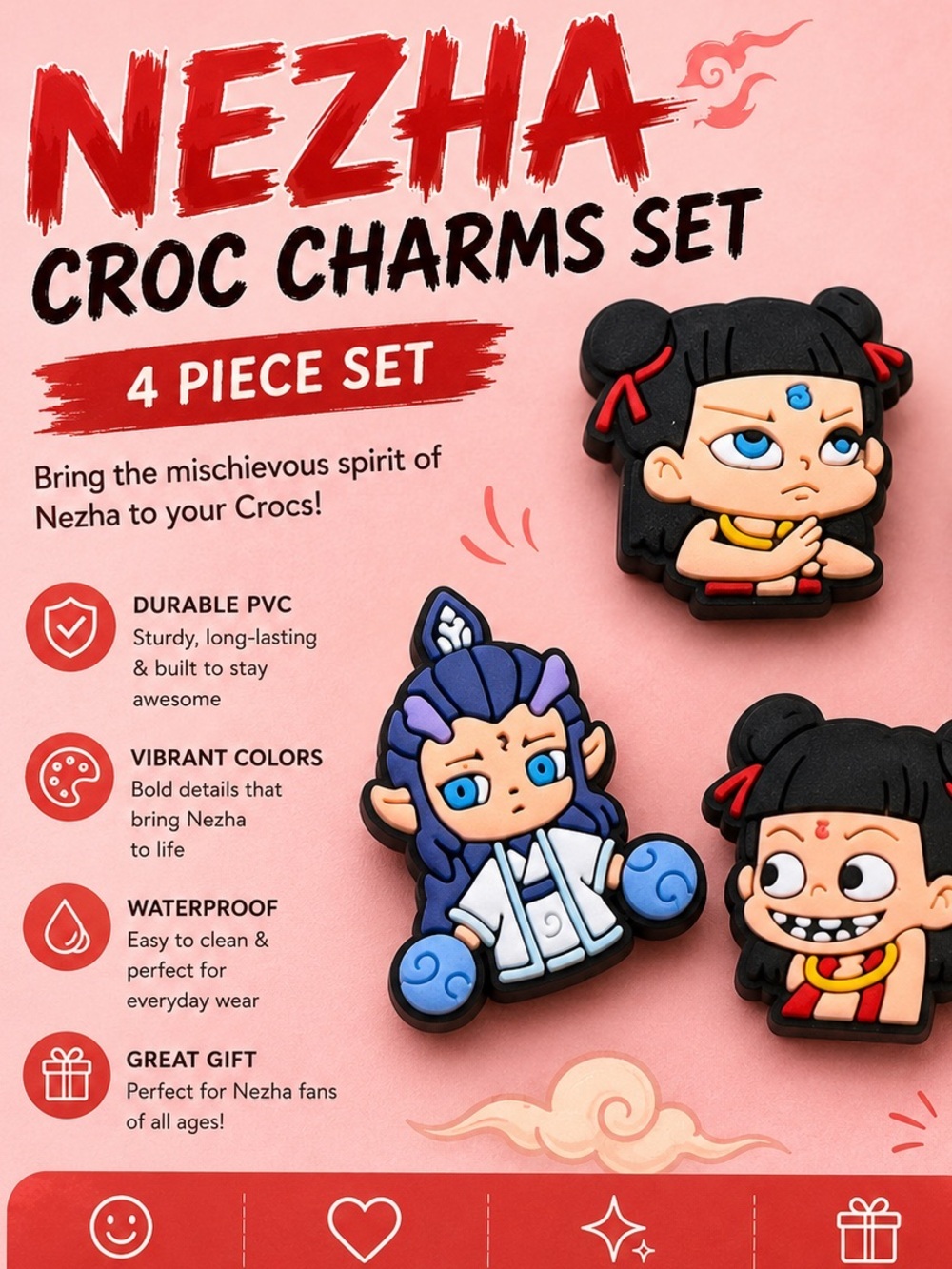 4pc CROCS Nezha from the "Ne Zha", Red & Yellow Cartoon Girl Jibbitz Charm
